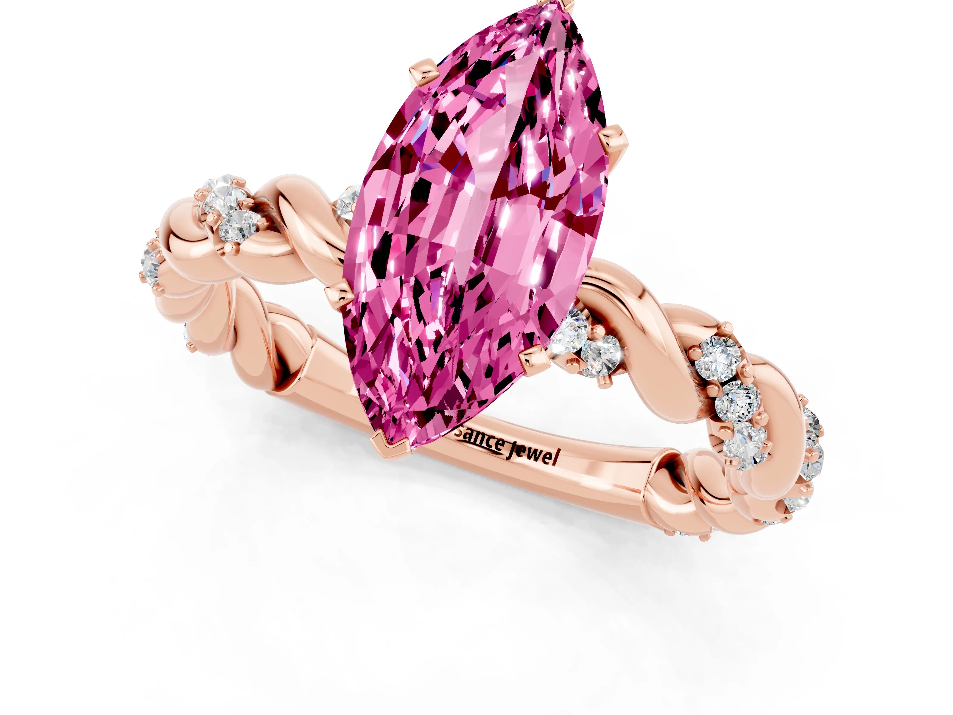 Rose gold Marquise Cut Pink Sapphire Solitaire Ring with Twisted Band and Pavé Accents_1