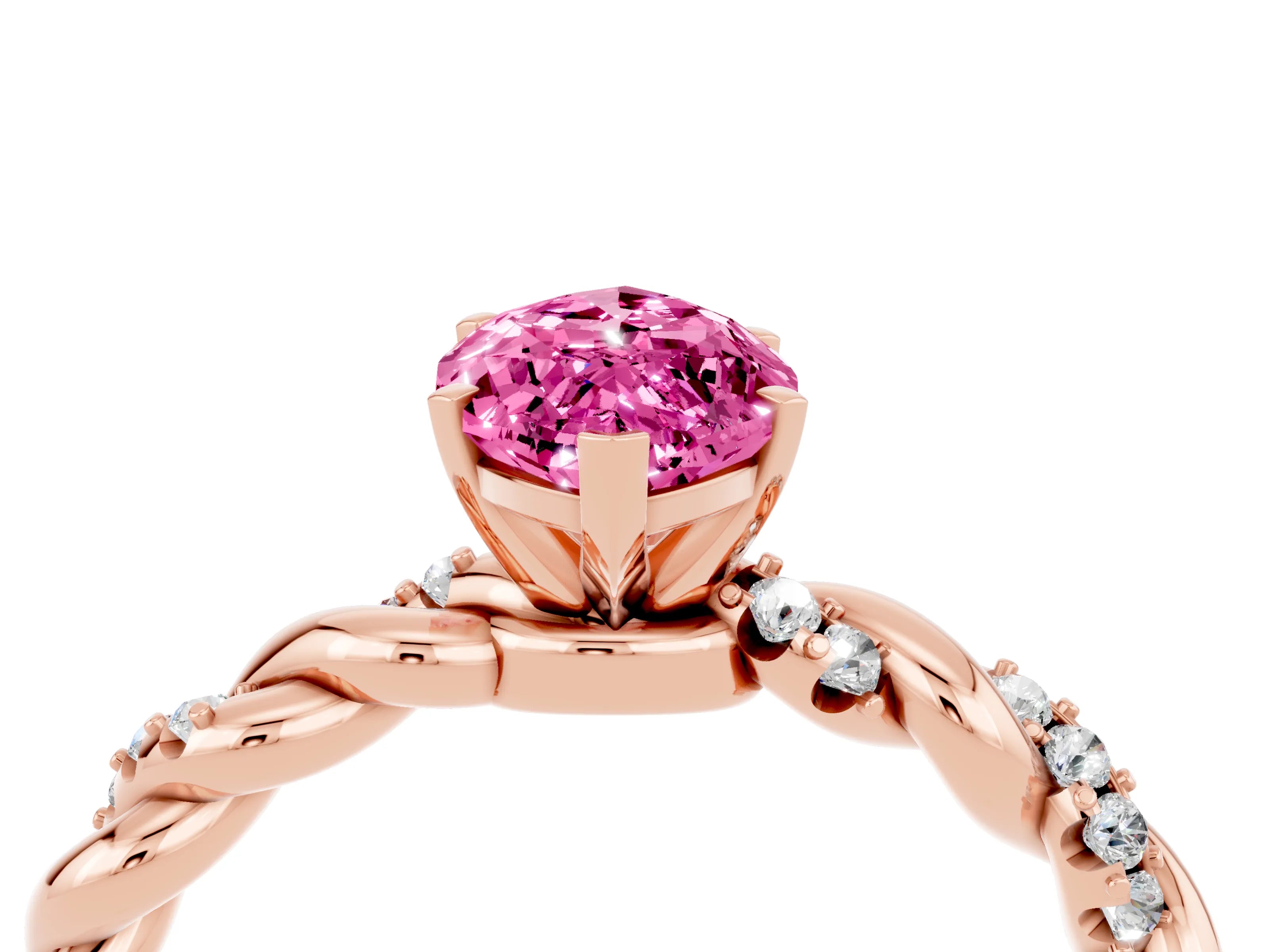 Rose gold Marquise Cut Pink Sapphire Solitaire Ring with Twisted Band and Pavé Accents_4