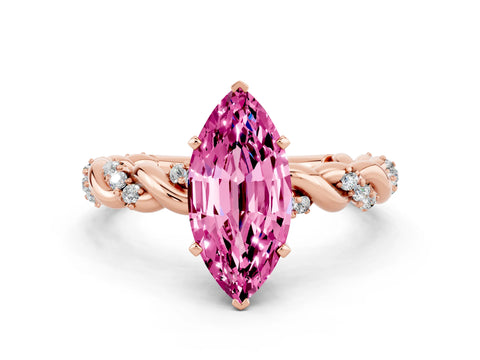 Rose gold Marquise Cut Pink Sapphire Solitaire Ring with Twisted Band and Pavé Accents