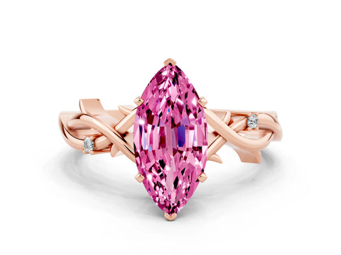 Rose gold Marquise Cut Pink Sapphire Solitaire Ring with Twisted Band and Prong Setting