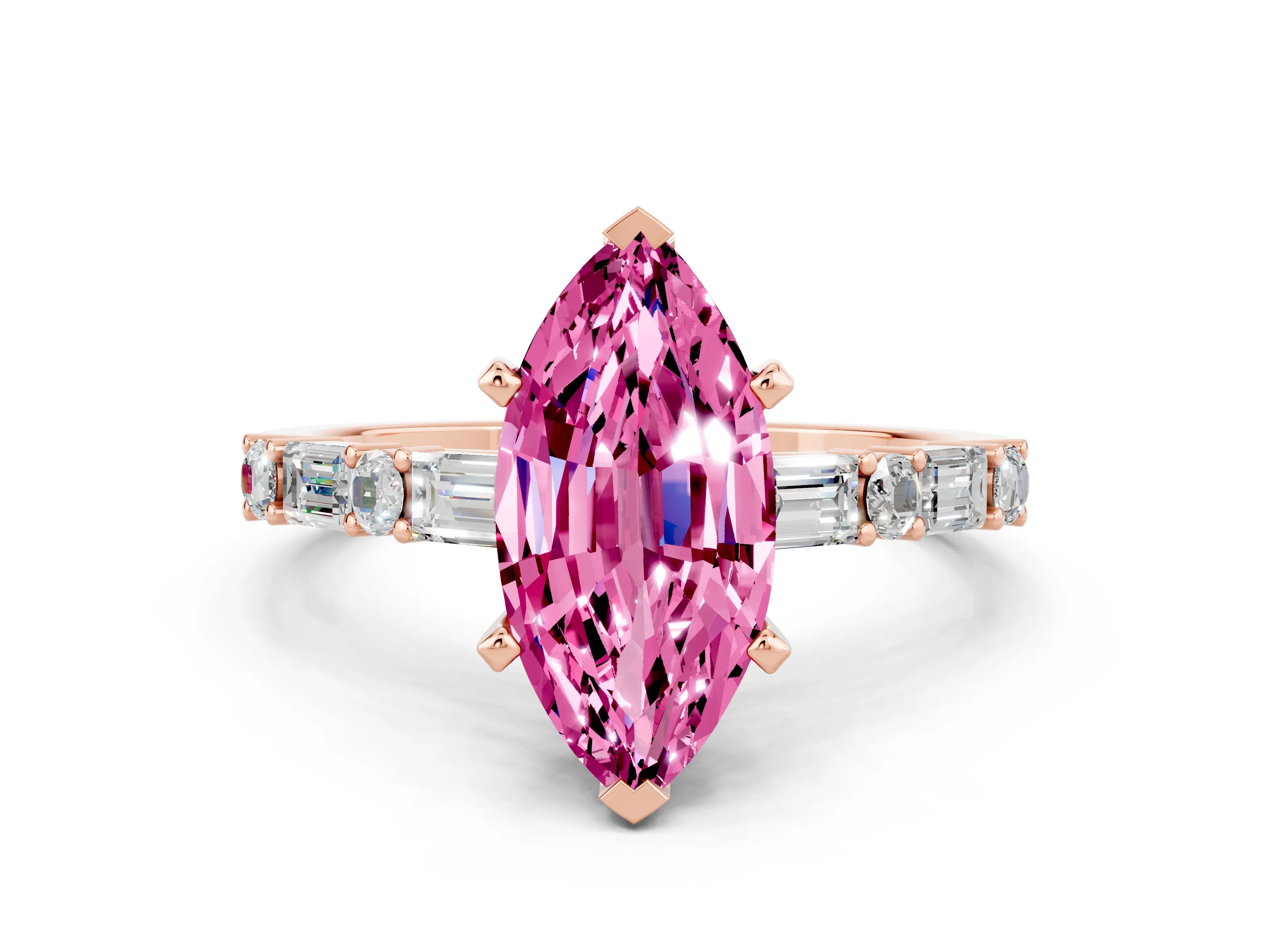 Rose gold Marquise Cut Pink Sapphire Solitaire with Side Baguettes and Channel Set Band_24