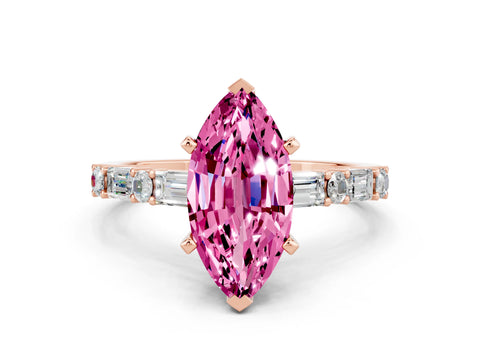 Rose gold Marquise Cut Pink Sapphire Solitaire with Side Baguettes and Channel Set Band_24