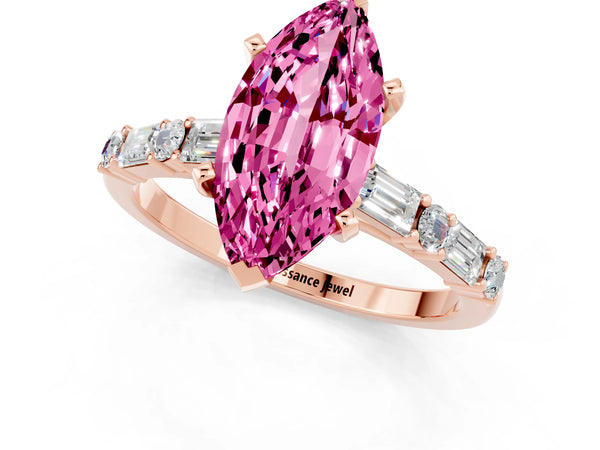 Rose gold Marquise Cut Pink Sapphire Solitaire with Side Baguettes and Channel Set Band