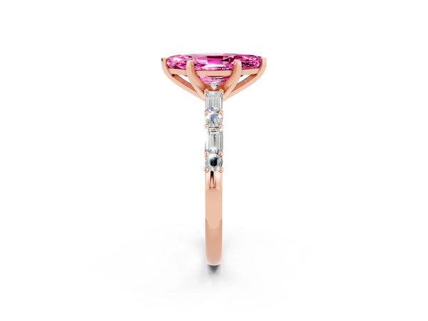 Rose gold Marquise Cut Pink Sapphire Solitaire with Side Baguettes and Channel Set Band