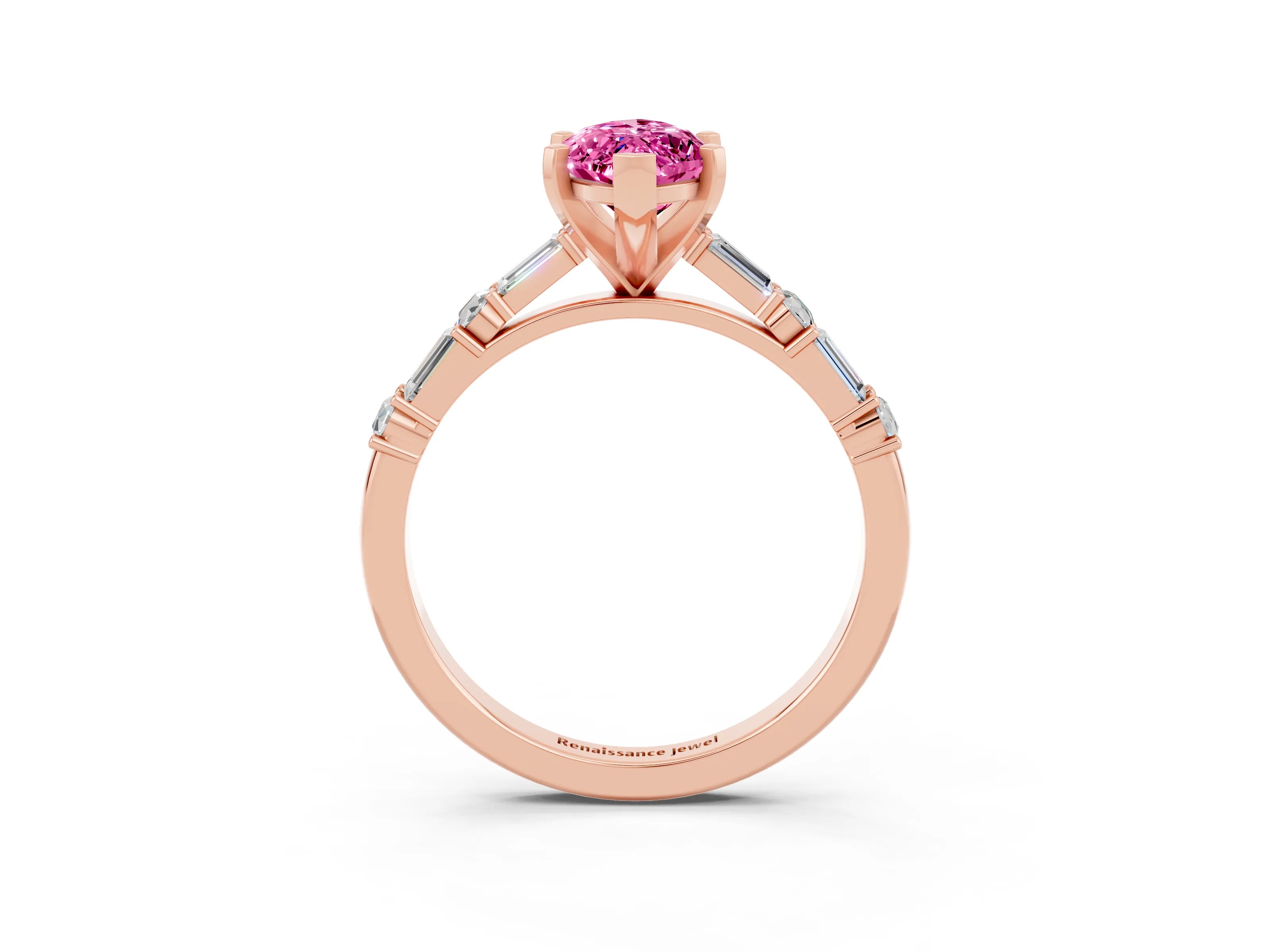 Rose gold Marquise Cut Pink Sapphire Solitaire with Side Baguettes and Channel Set Band_27