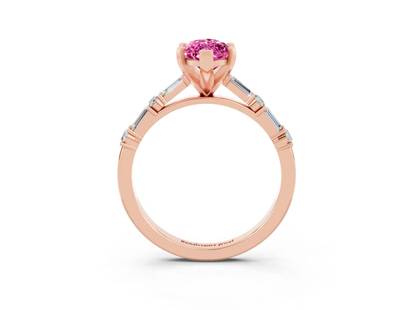 Rose gold Marquise Cut Pink Sapphire Solitaire with Side Baguettes and Channel Set Band