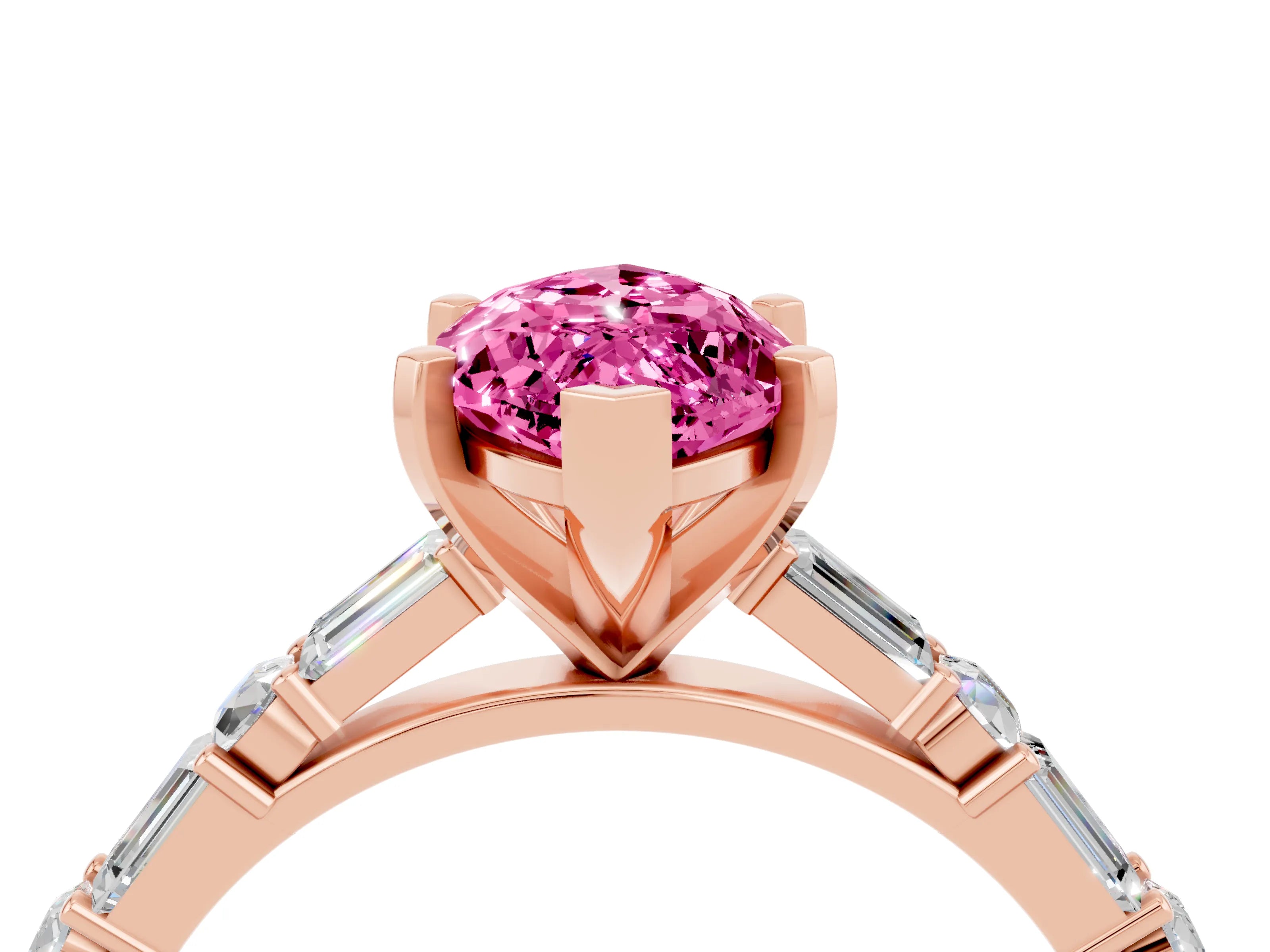 Rose gold Marquise Cut Pink Sapphire Solitaire with Side Baguettes and Channel Set Band_28