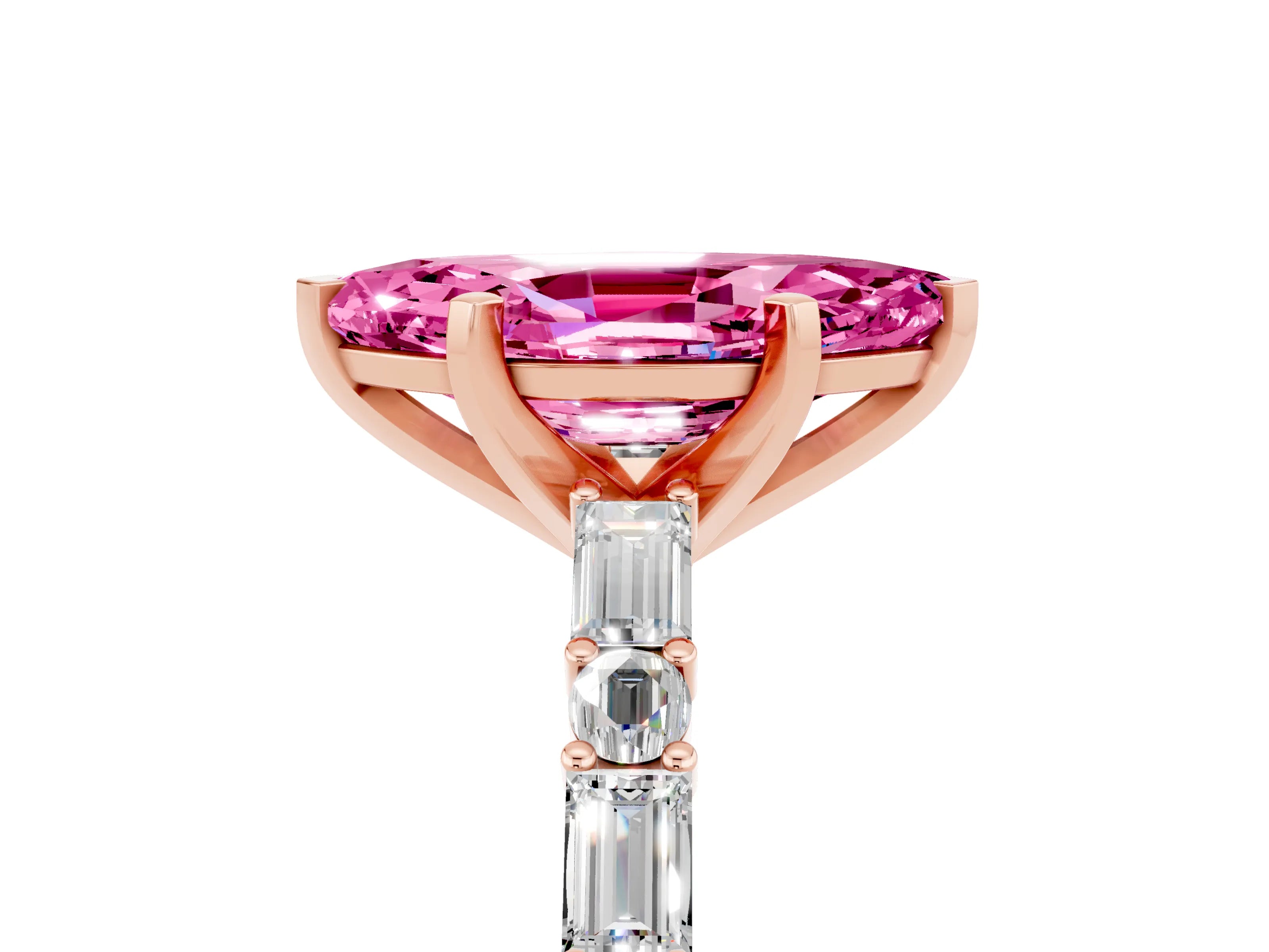 Rose gold Marquise Cut Pink Sapphire Solitaire with Side Baguettes and Channel Set Band_29
