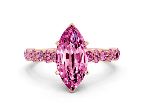Rose gold Marquise Cut Pink Sapphire Solitaire with Side Stones, Pave Band, Four-Prong Setting_12