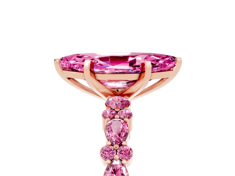 Rose gold Marquise Cut Pink Sapphire Solitaire with Side Stones, Pave Band, Four-Prong Setting_17