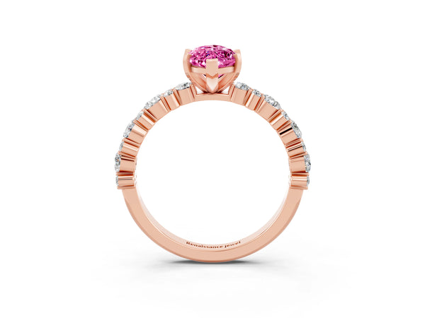 Rose gold Marquise Cut Pink Sapphire Side Stone Solitaire Ring with Round  and Four-Prong Setting