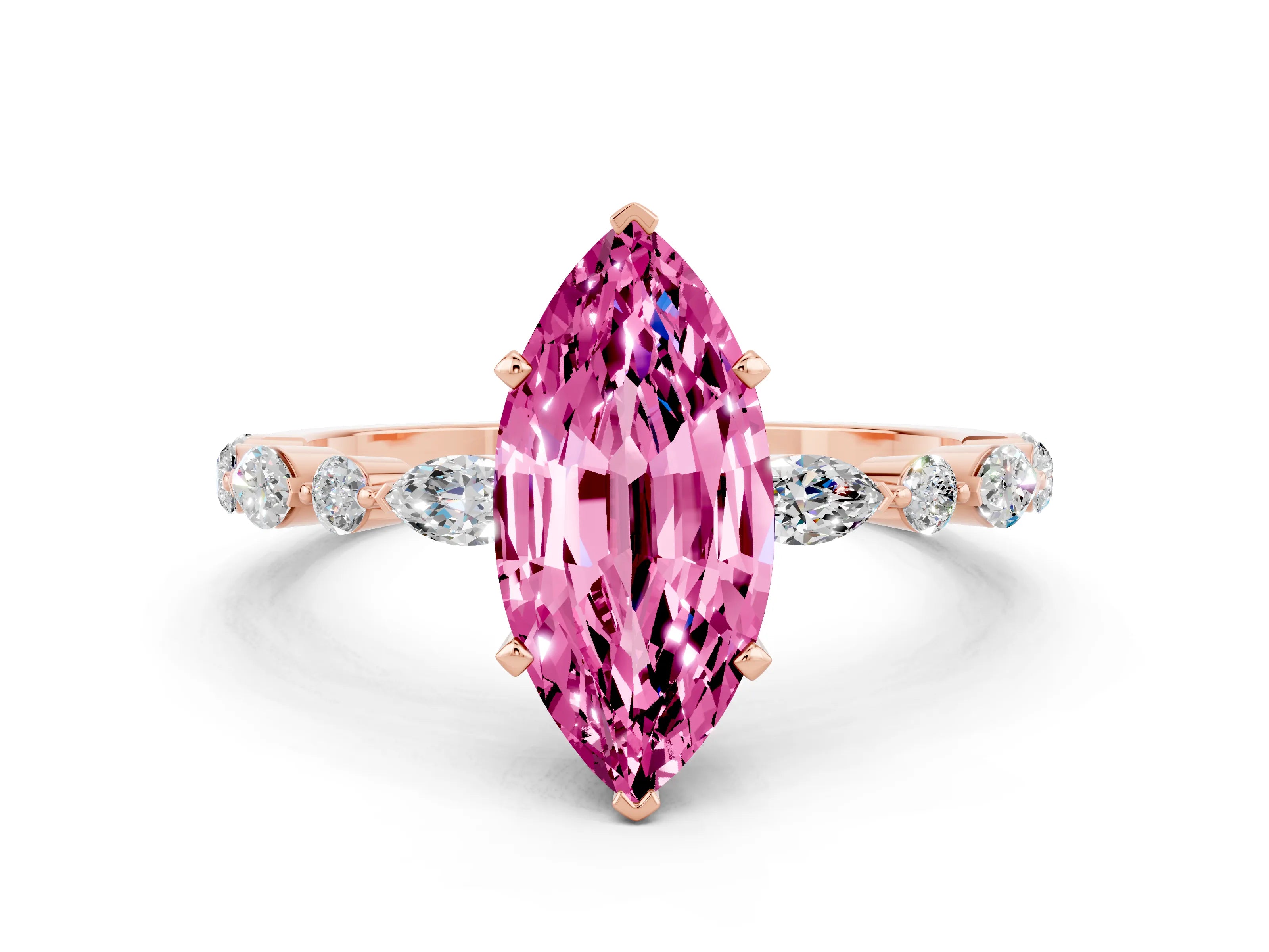 Rose gold Marquise Cut Pink Sapphire Solitaire with Side Stones on a Pavé Band and Four-Prong Setting_24