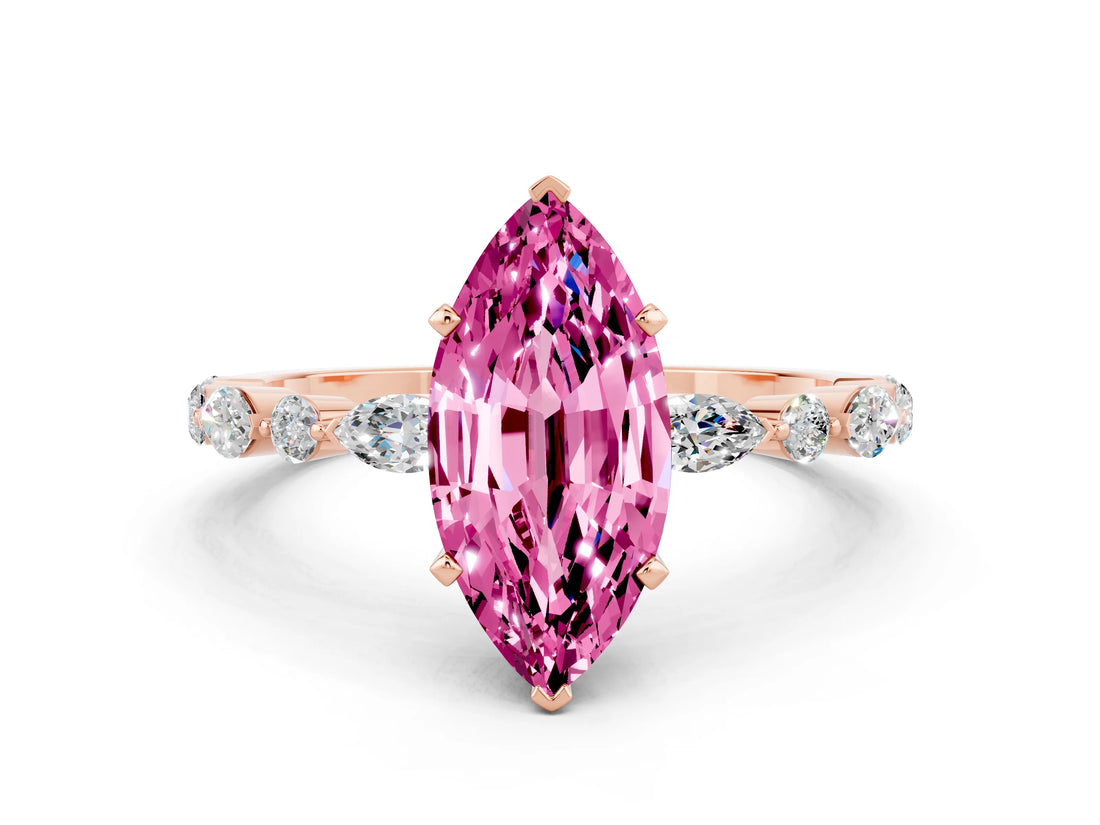 Rose gold Marquise Cut Pink Sapphire Solitaire with Side Stones on a Pavé Band and Four-Prong Setting_24