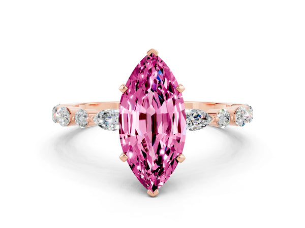 Rose gold Marquise Cut Pink Sapphire Ring with Marquise and Round  Side Stones and Four-Prong Setting