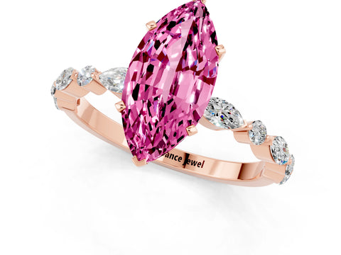 Rose gold Marquise Cut Pink Sapphire Solitaire with Side Stones on a Pavé Band and Four-Prong Setting_25