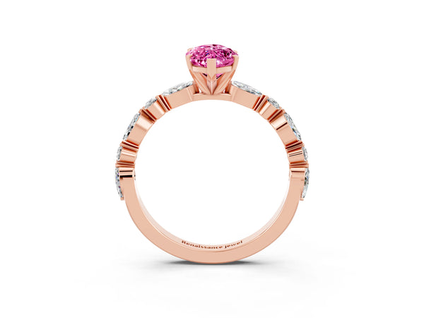 Rose gold Marquise Cut Pink Sapphire Ring with Marquise and Round  Side Stones and Four-Prong Setting
