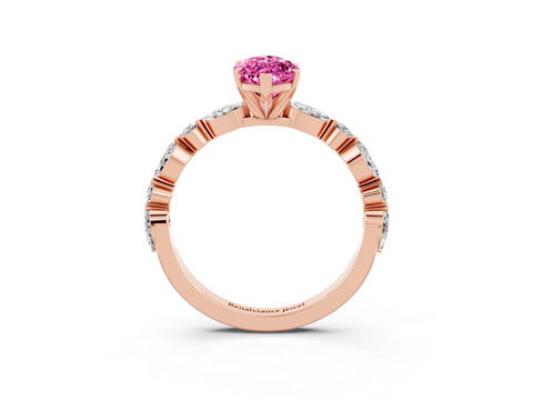 Rose gold Marquise Cut Pink Sapphire Solitaire with Side Stones on a Pavé Band and Four-Prong Setting_27