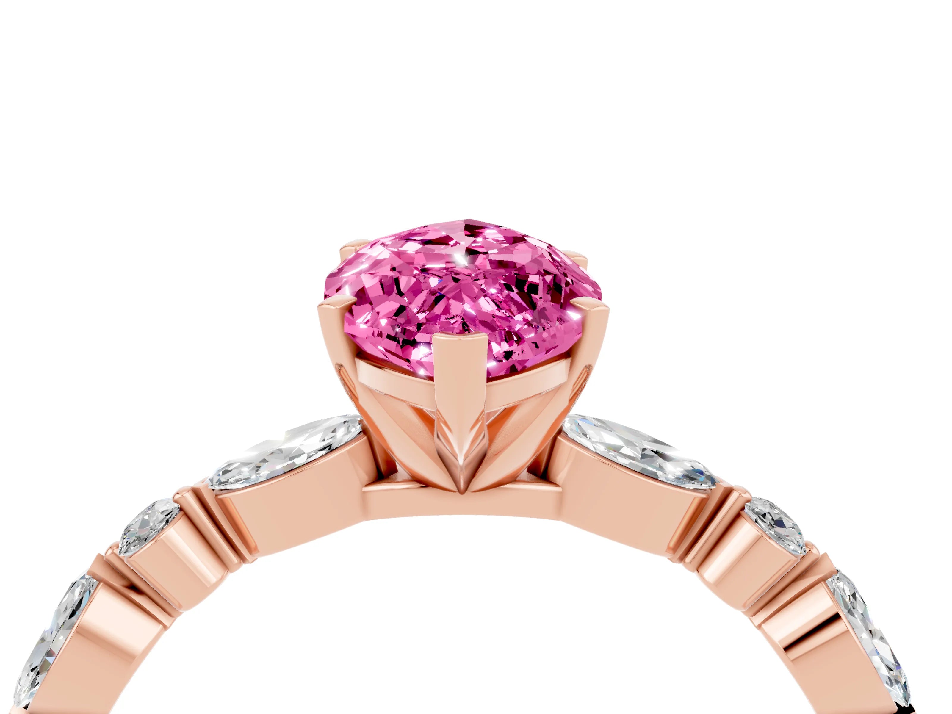 Rose gold Marquise Cut Pink Sapphire Solitaire with Side Stones on a Pavé Band and Four-Prong Setting_28