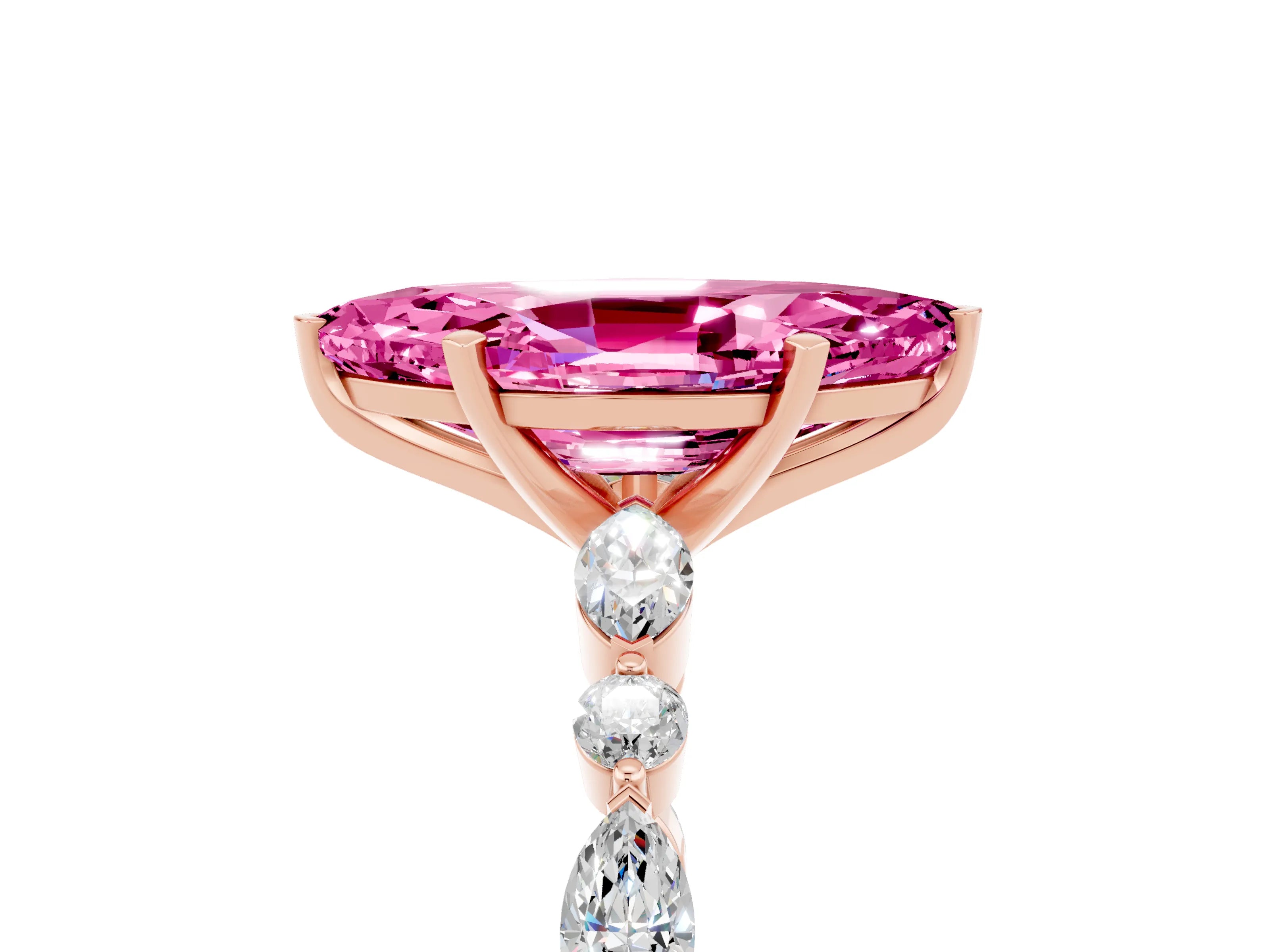 Rose gold Marquise Cut Pink Sapphire Solitaire with Side Stones on a Pavé Band and Four-Prong Setting_29