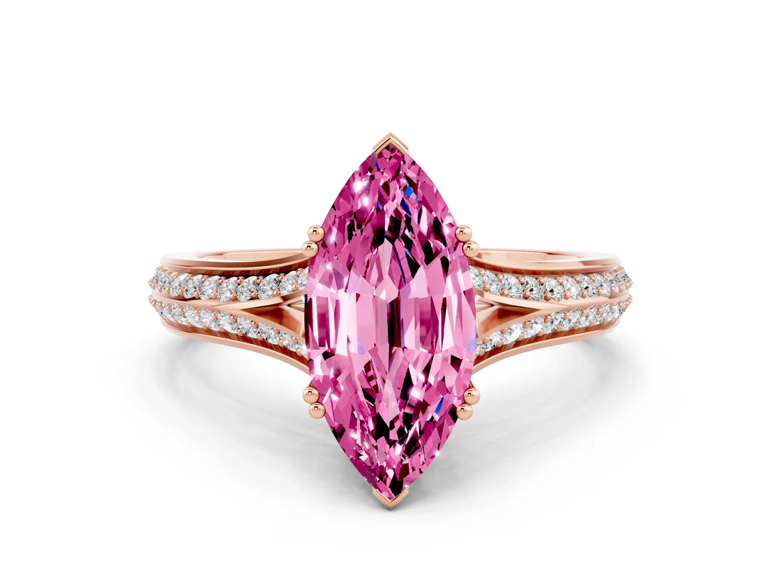 Rose gold Marquise Cut Pink Sapphire Split Shank Engagement Ring with Pavé Band_24