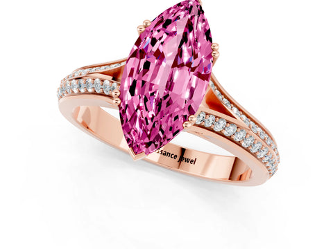 Rose gold Marquise Cut Pink Sapphire Split Shank Engagement Ring with Pavé Band_25
