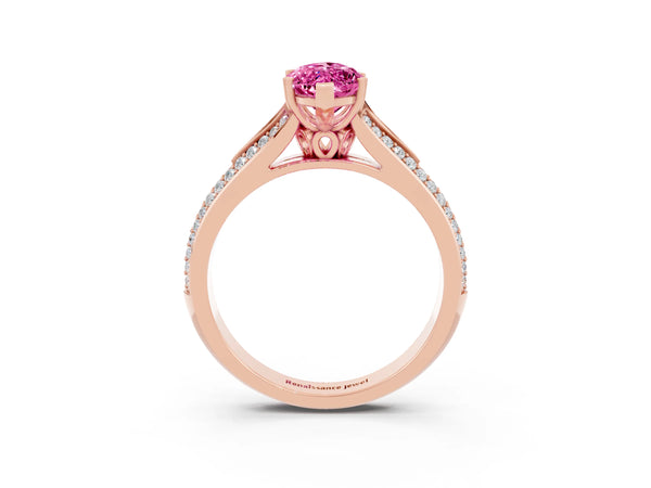 Rose gold Marquise Cut Pink Sapphire Split Shank Engagement Ring with Pavé Band