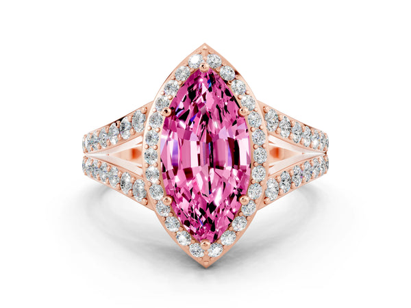 Rose gold Marquise Cut Pink Sapphire Split Shank Halo Ring with Four-Prong Setting