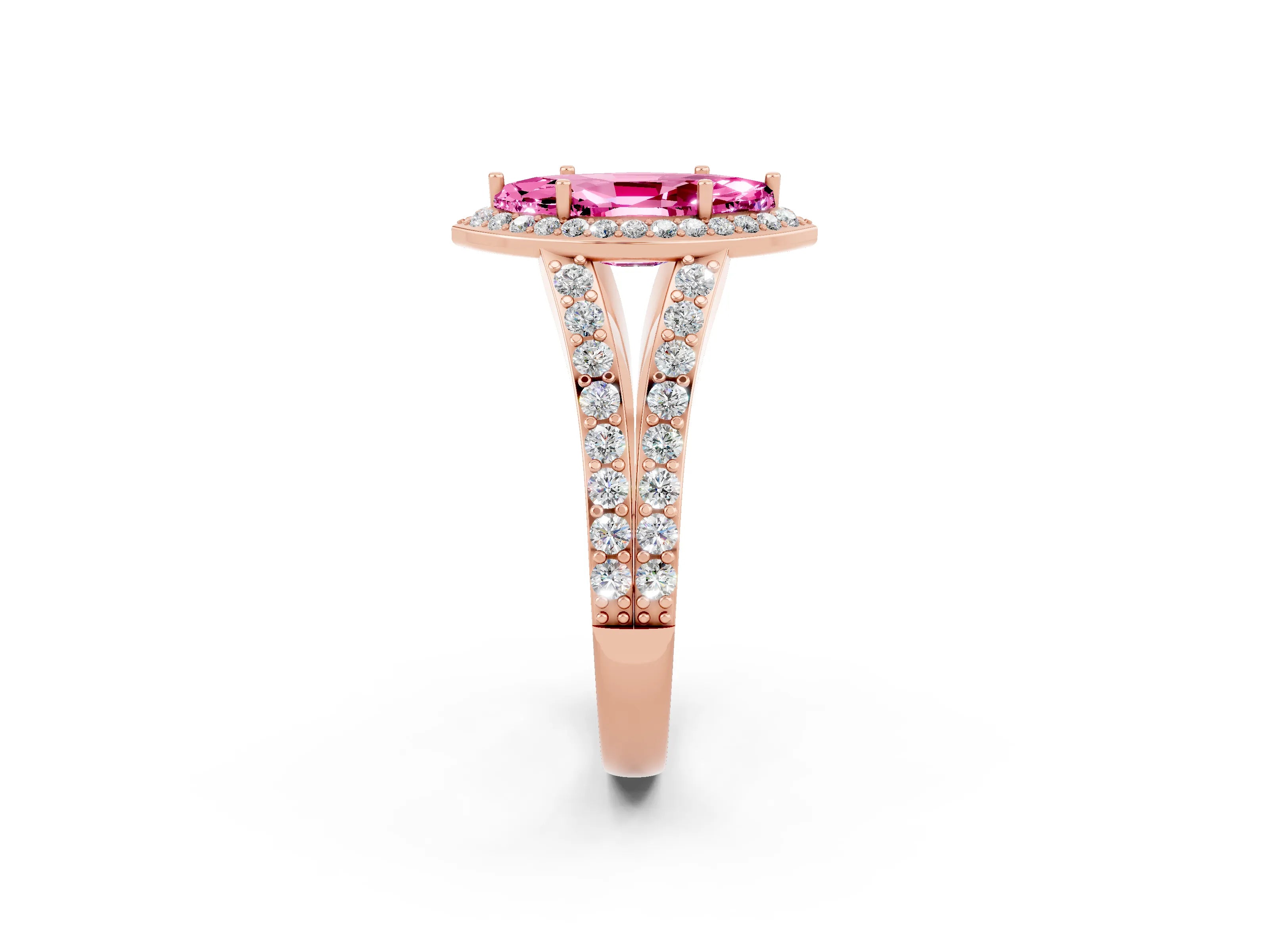 Rose gold Marquise Cut Pink Sapphire Split Shank Halo Ring with Four-Prong Setting_14