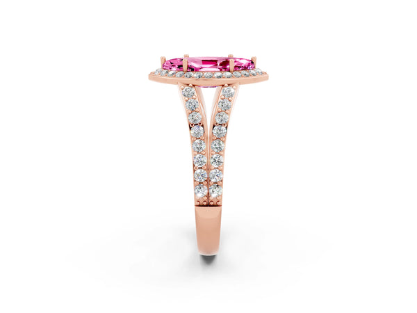 Rose gold Marquise Cut Pink Sapphire Split Shank Halo Ring with Four-Prong Setting