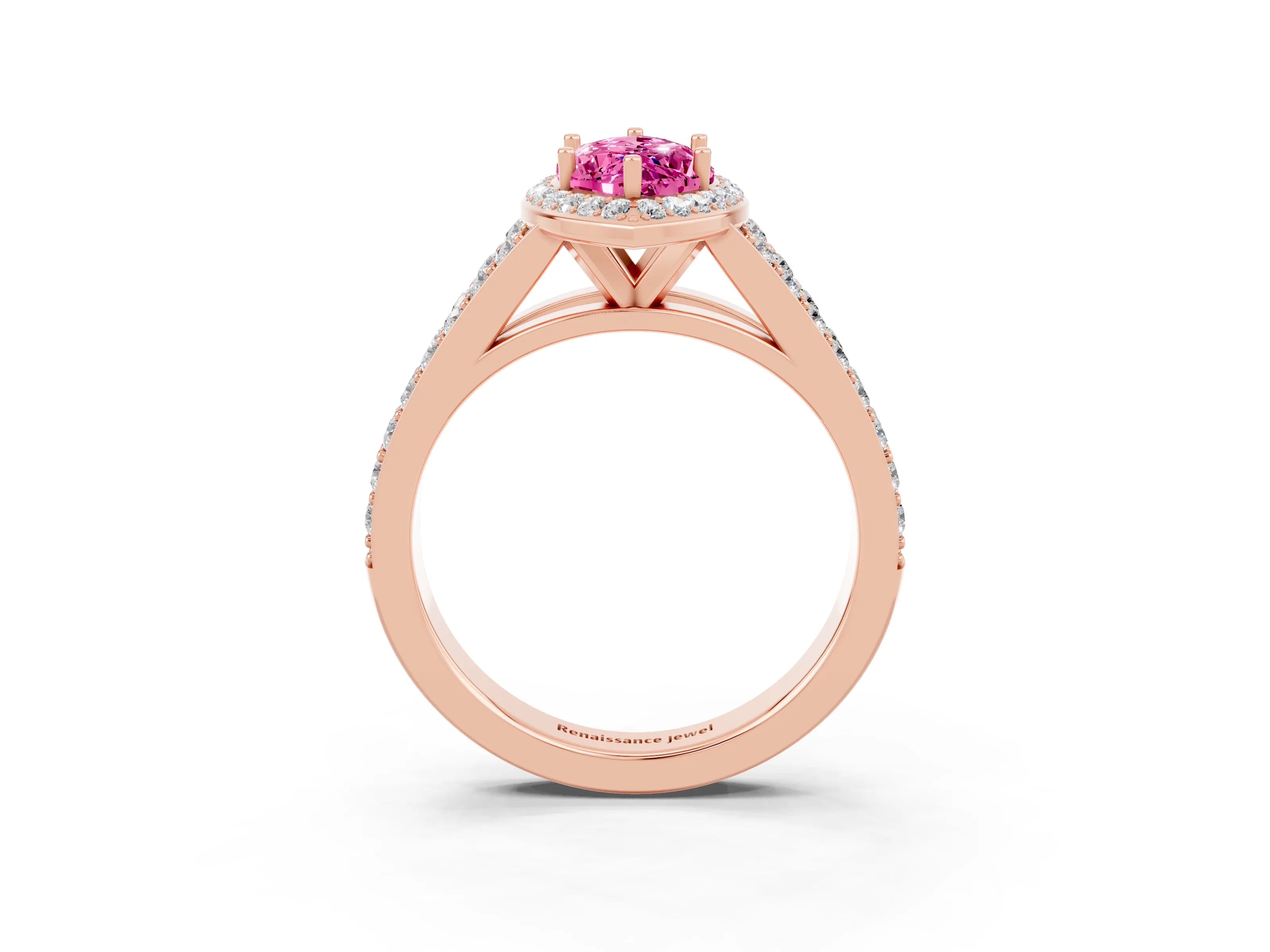 Rose gold Marquise Cut Pink Sapphire Split Shank Halo Ring with Four-Prong Setting_15