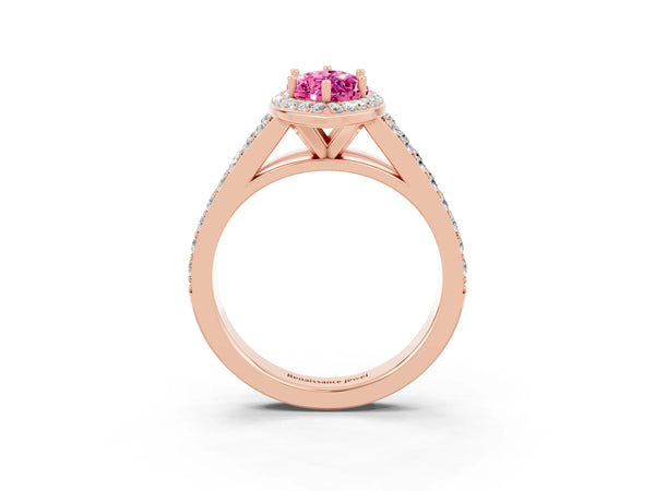 Rose gold Marquise Cut Pink Sapphire Split Shank Halo Ring with Four-Prong Setting