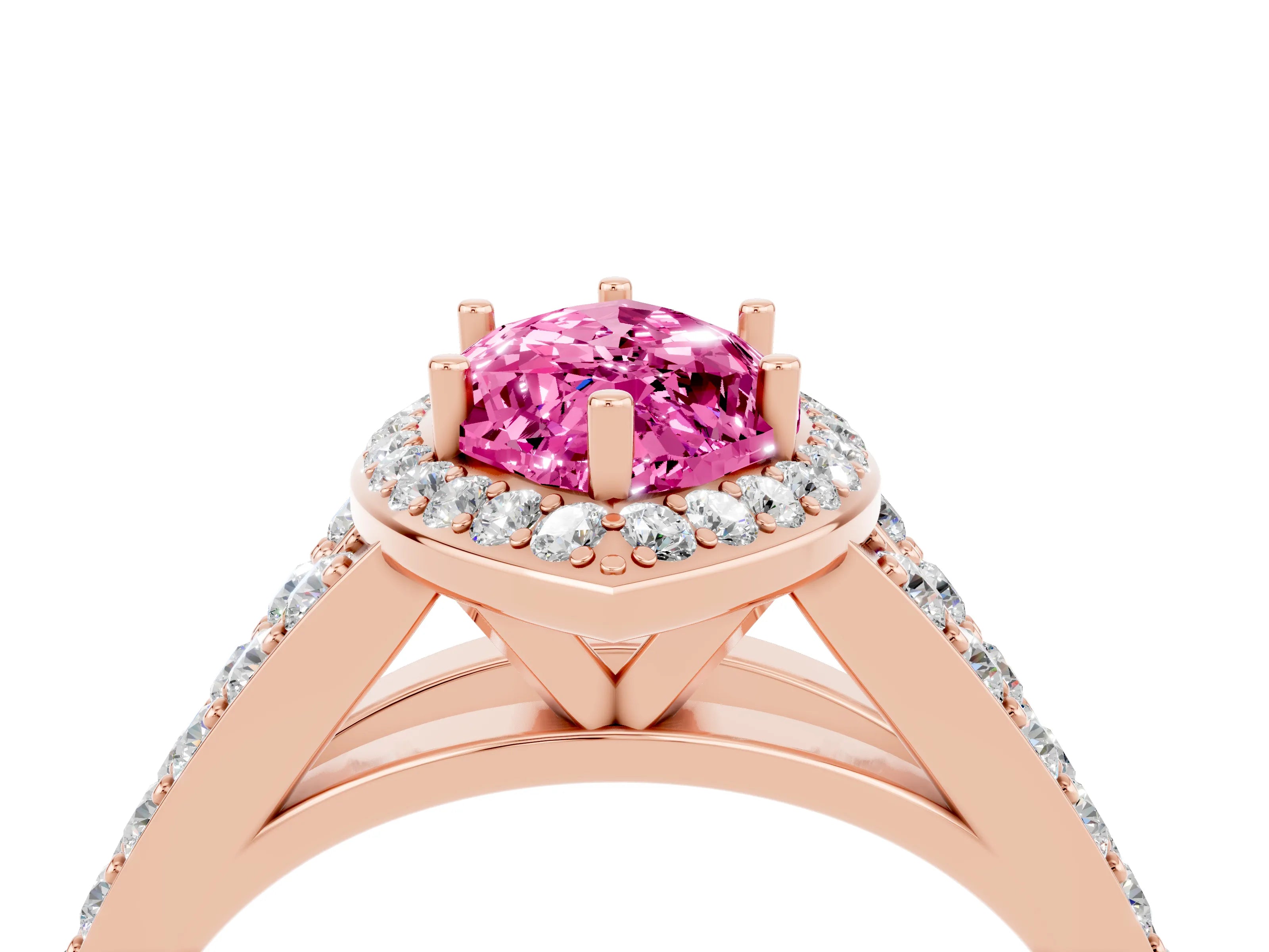 Rose gold Marquise Cut Pink Sapphire Split Shank Halo Ring with Four-Prong Setting_16