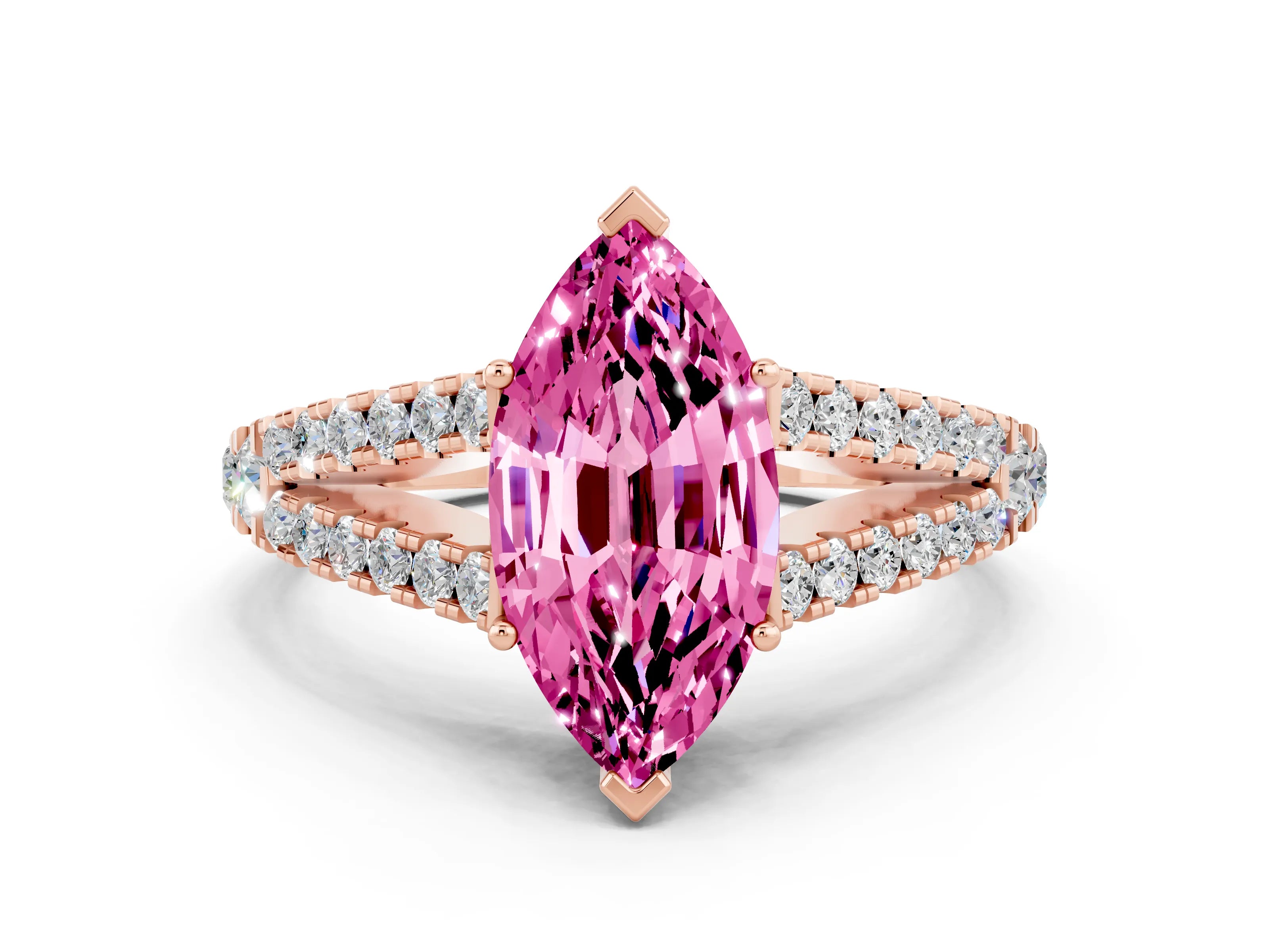 Rose gold Marquise Cut Pink Sapphire Split Shank Pavé Engagement Ring with Four-Prong Setting_12