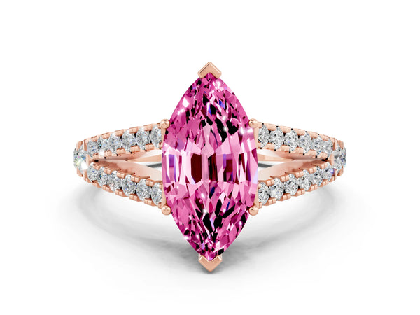 Rose gold Marquise Cut Pink Sapphire Split Shank Pavé Engagement Ring with Four-Prong Setting