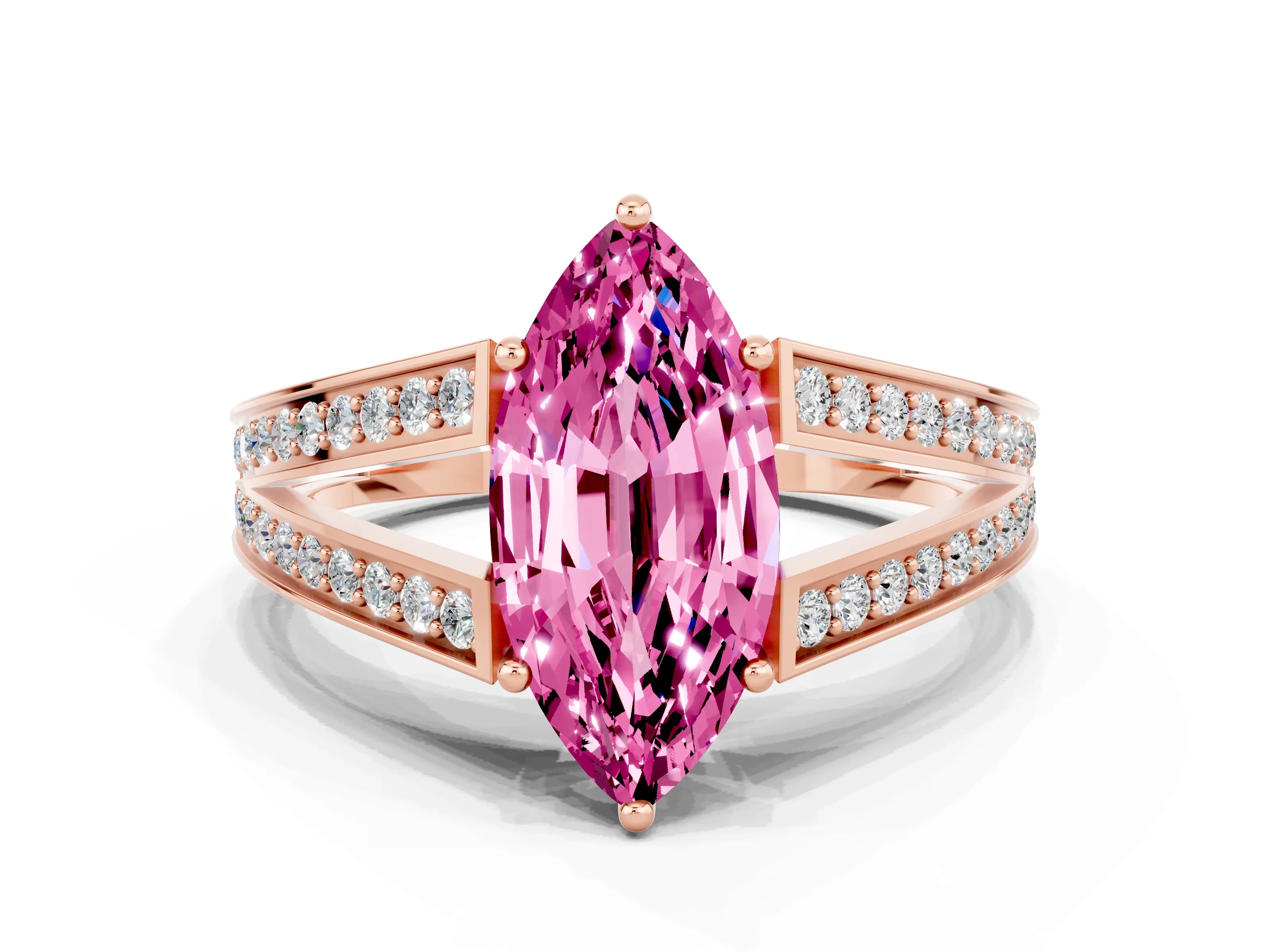 Rose gold Marquise Cut Pink Sapphire Split Shank Ring with Pavé Band and Four-Prong Setting