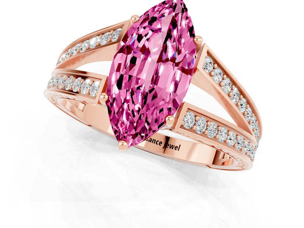 Rose gold Marquise Cut Pink Sapphire Split Shank Ring with Pavé Band and Four-Prong Setting