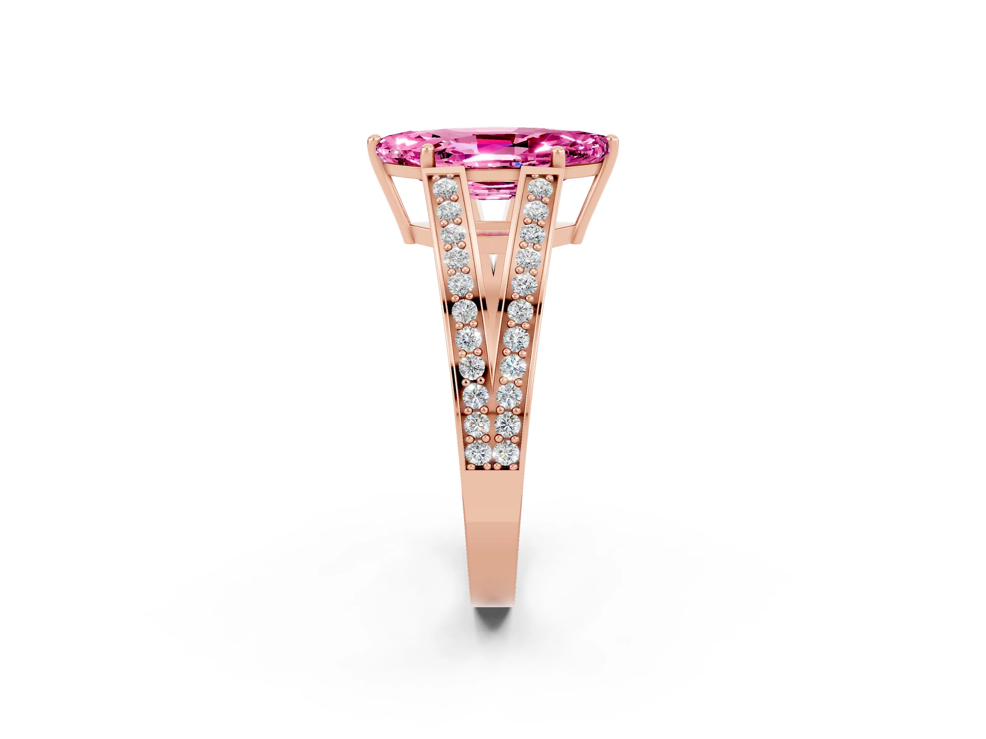 Rose gold Marquise Cut Pink Sapphire Split Shank Ring with Pavé Band and Four-Prong Setting_2