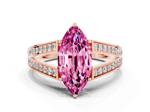 Rose gold Marquise Cut Pink Sapphire Split Shank Ring with Pavé Band and Four-Prong Setting