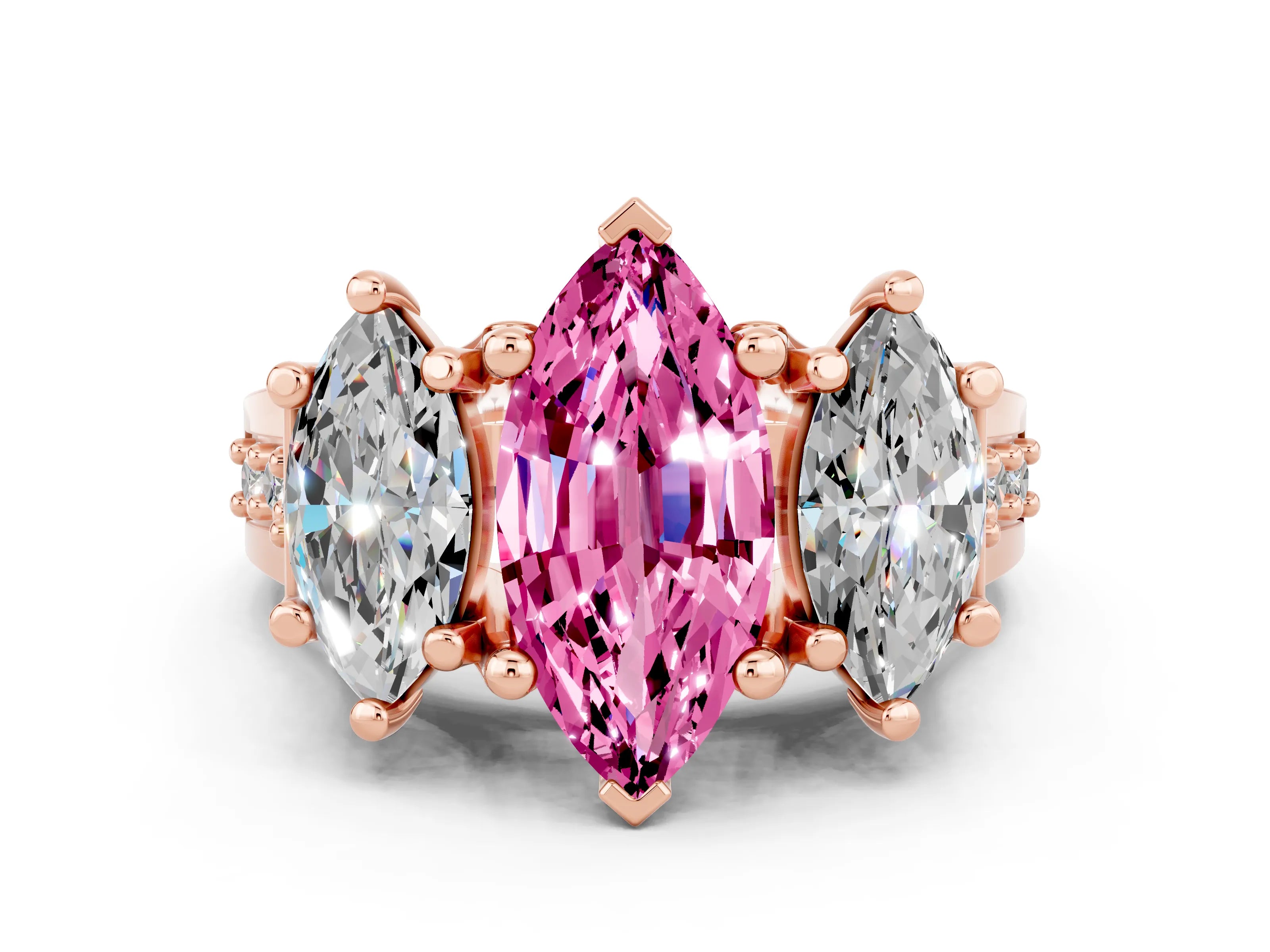 Rose gold Marquise Cut Pink Sapphire Three-Stone Ring with Channel Set Band and Four-Prong Setting