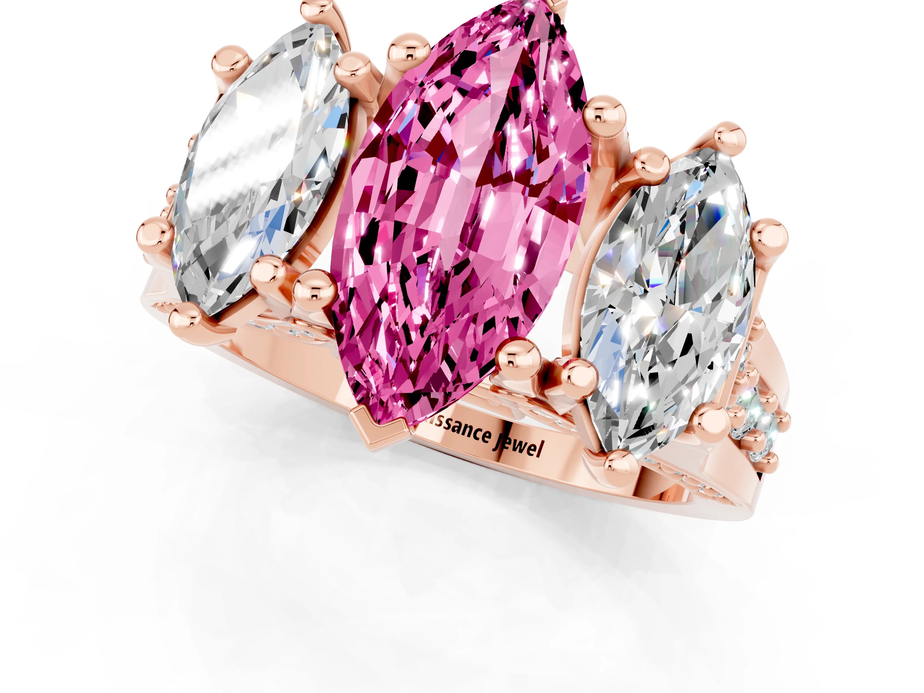 Rose gold Marquise Cut Pink Sapphire Three-Stone Ring with Channel Set Band and Four-Prong Setting_1