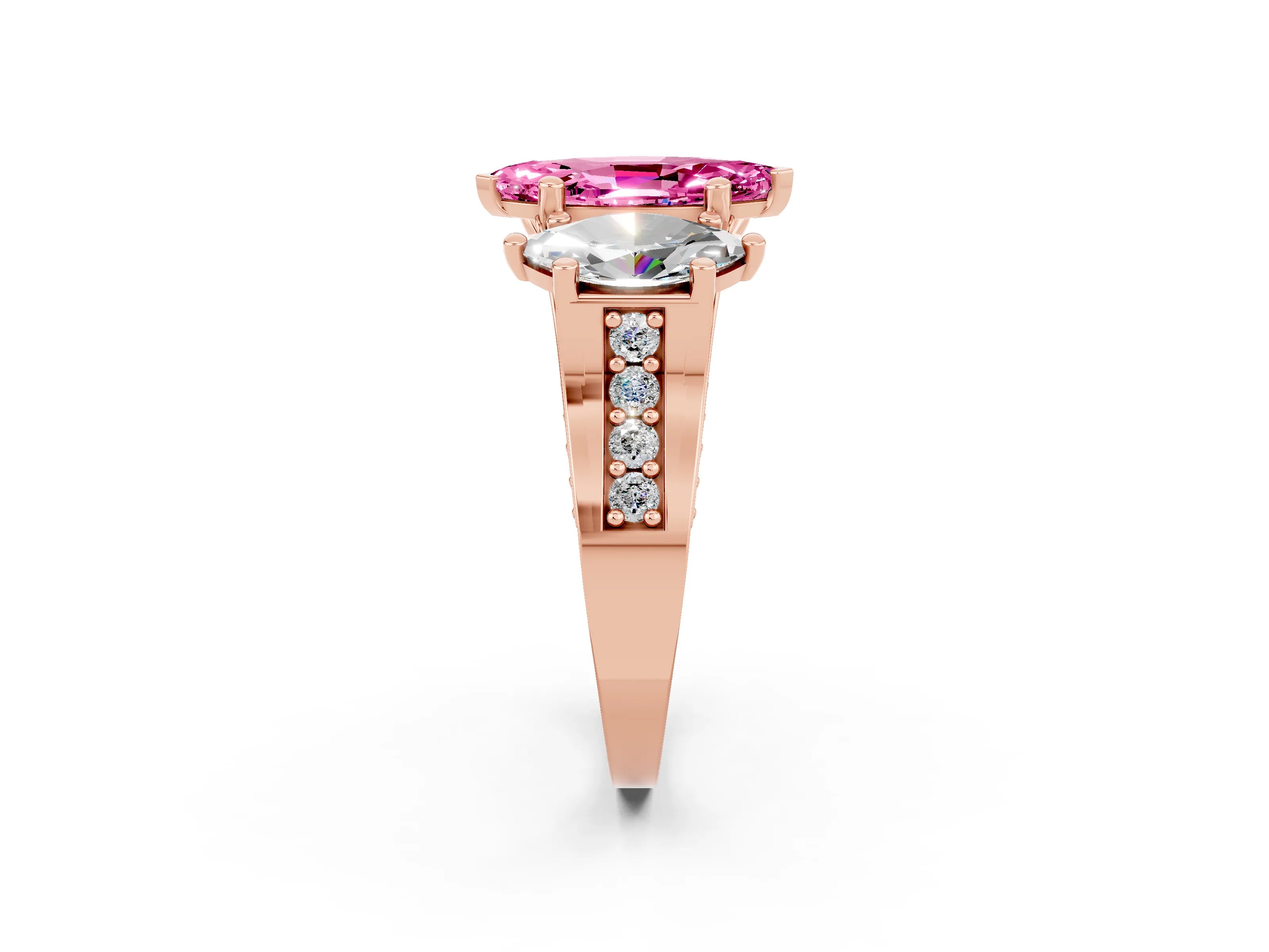 Rose gold Marquise Cut Pink Sapphire Three-Stone Ring with Channel Set Band and Four-Prong Setting_2