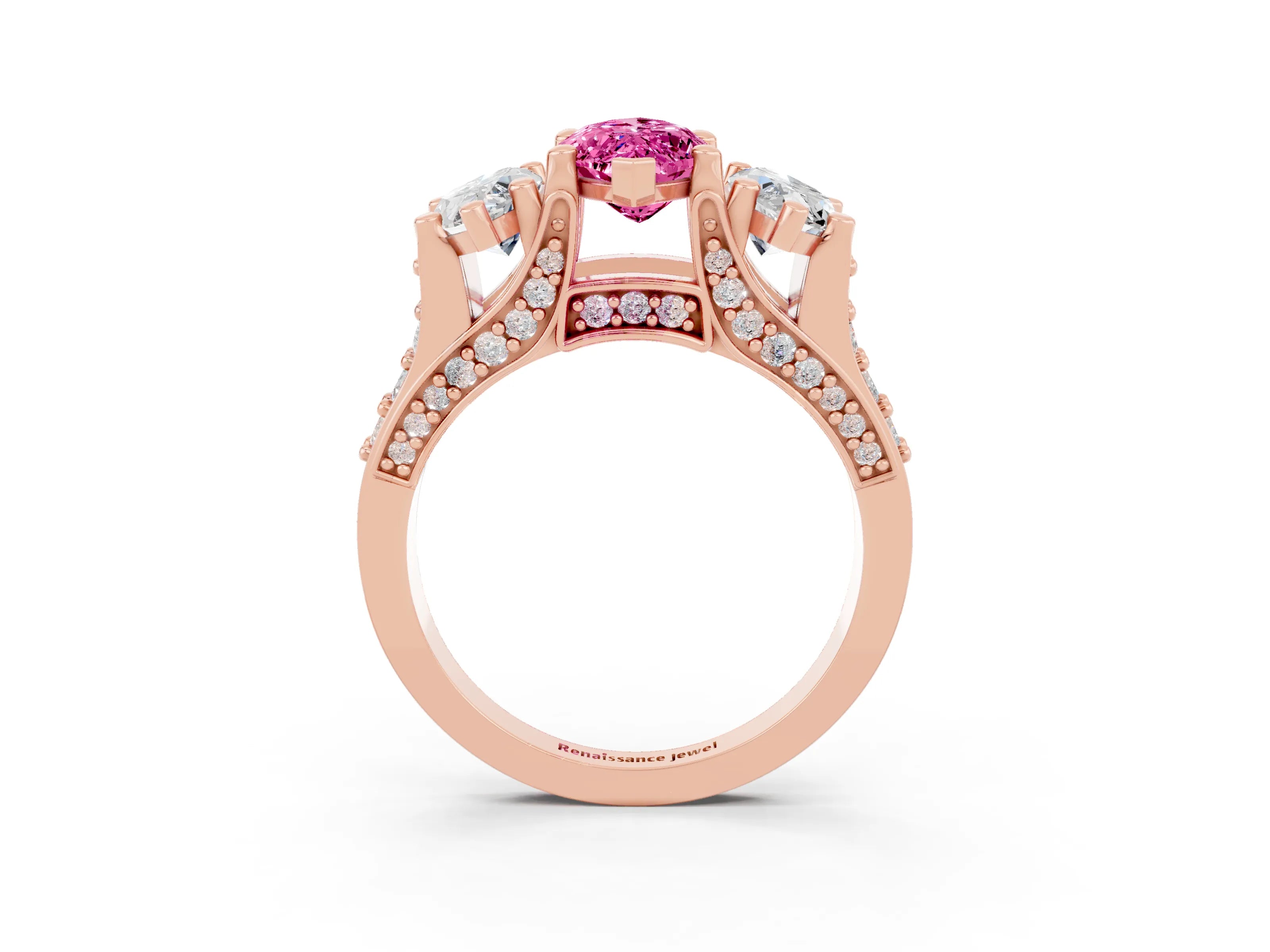 Rose gold Marquise Cut Pink Sapphire Three-Stone Ring with Channel Set Band and Four-Prong Setting_3
