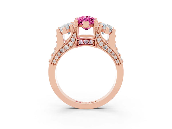 Rose gold Marquise Cut Pink Sapphire Three-Stone Ring with Channel Set Band and Four-Prong Setting