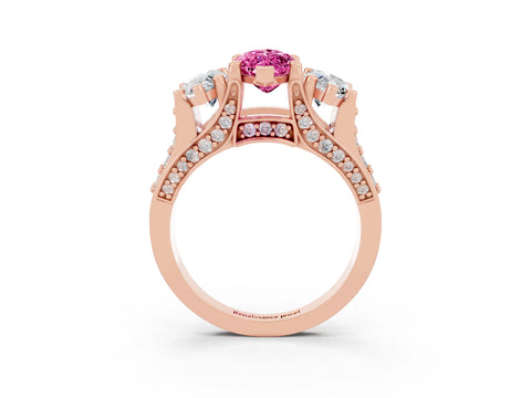 Rose gold Marquise Cut Pink Sapphire Three-Stone Ring with Channel Set Band and Four-Prong Setting_3