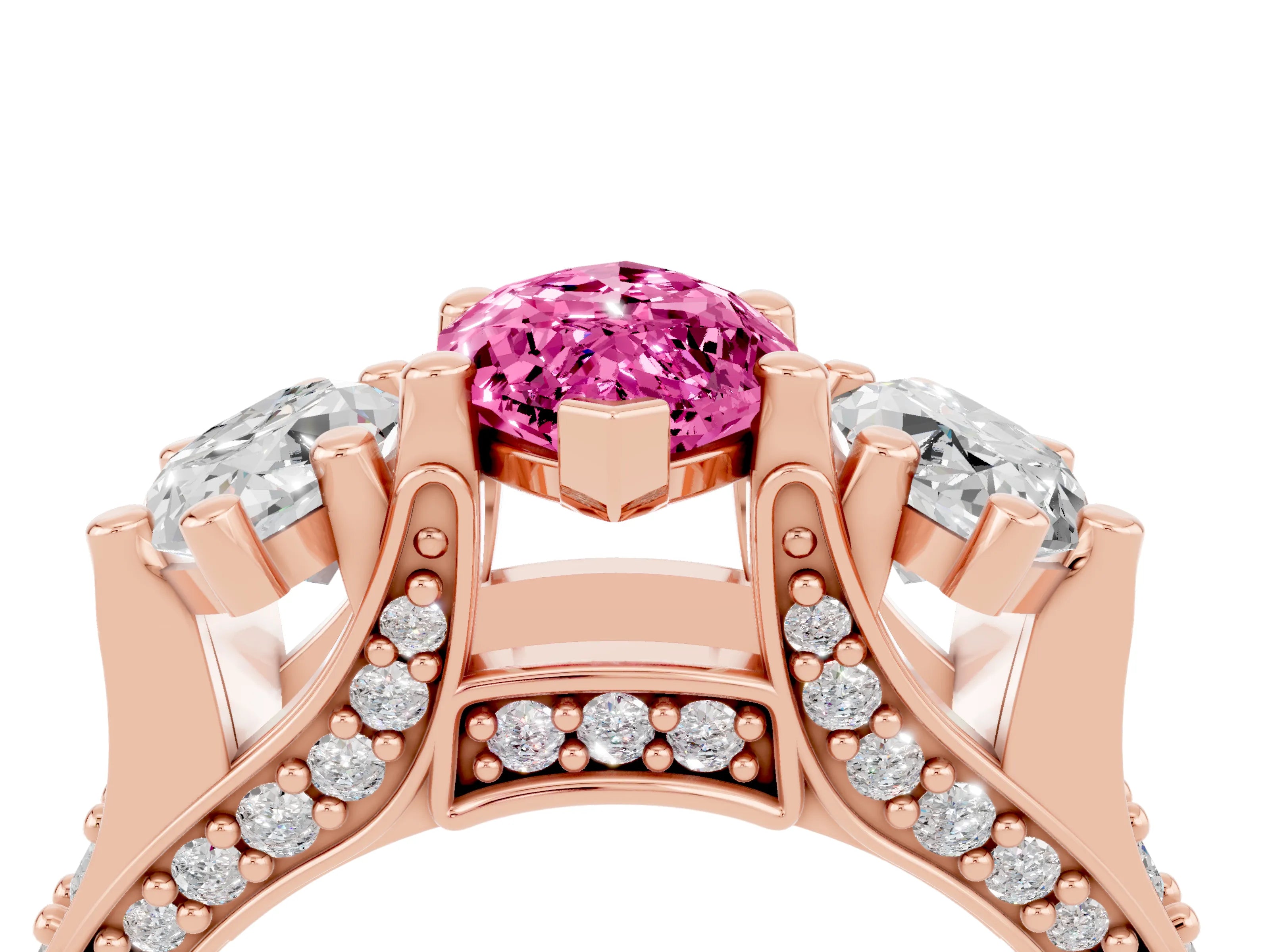 Rose gold Marquise Cut Pink Sapphire Three-Stone Ring with Channel Set Band and Four-Prong Setting_4
