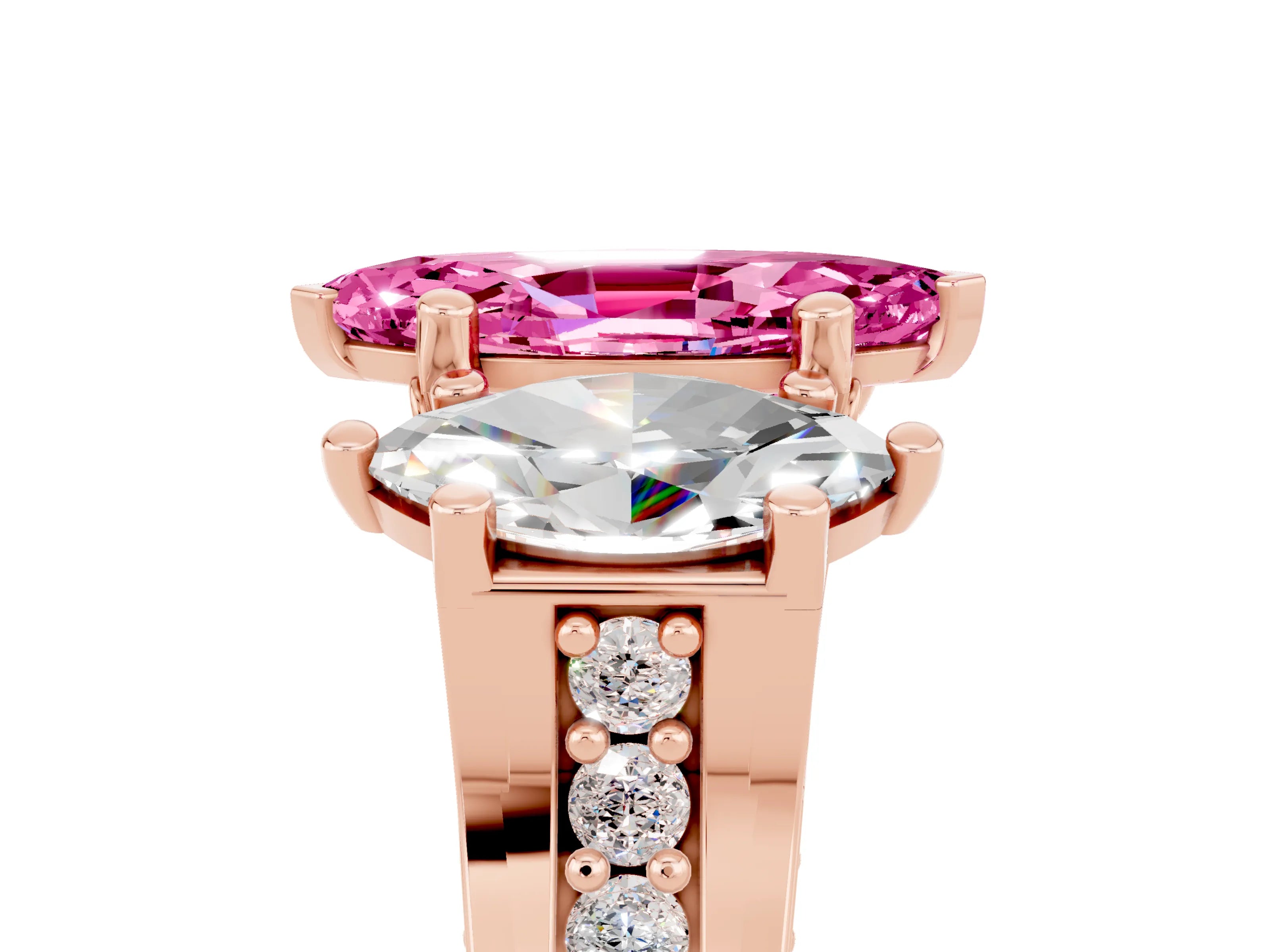 Rose gold Marquise Cut Pink Sapphire Three-Stone Ring with Channel Set Band and Four-Prong Setting_5