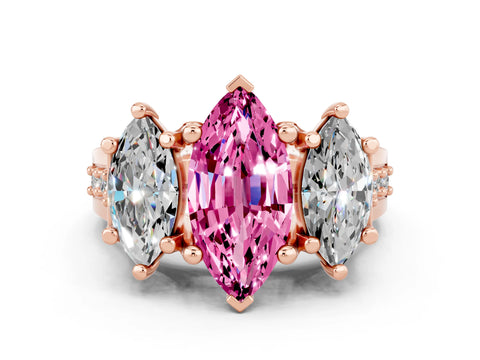 Rose gold Marquise Cut Pink Sapphire Three-Stone Ring with Channel Set Band and Four-Prong Setting