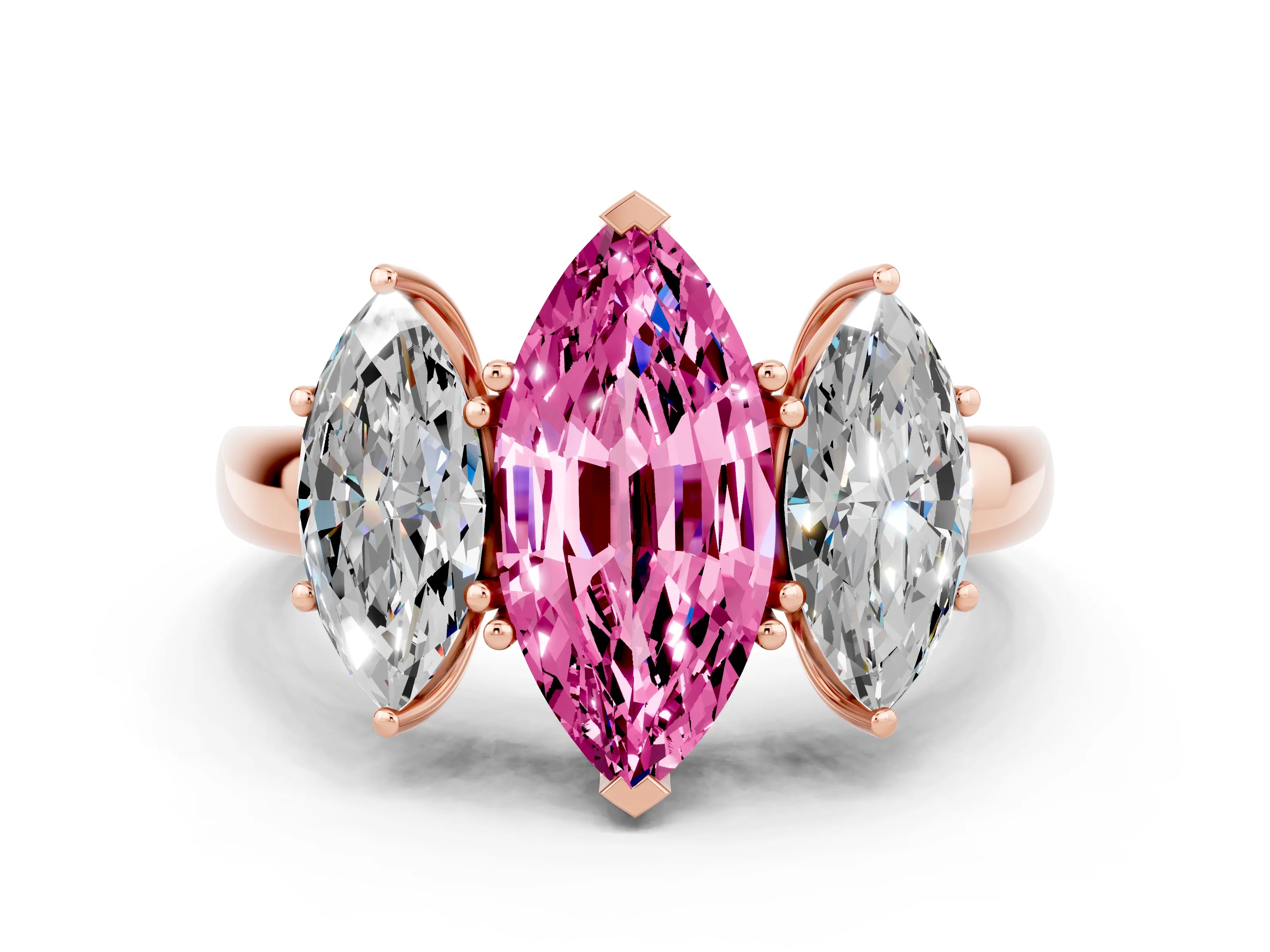 Rose gold Marquise Cut Pink Sapphire Three-Stone Ring with Four-Prong Setting and Classic Band