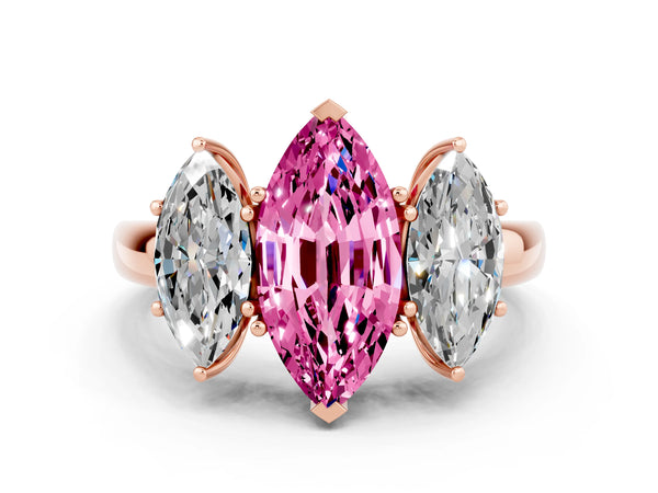 Rose gold Marquise Cut Pink Sapphire Three-Stone Ring with Four-Prong Setting and Classic Band