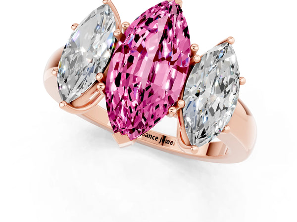 Rose gold Marquise Cut Pink Sapphire Three-Stone Ring with Four-Prong Setting and Classic Band